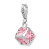 Amore La Vita Sterling Silver Rhodium-plated Polished 3-D Pink CZ Cube Charm with Fancy Lobster Clasp view 4