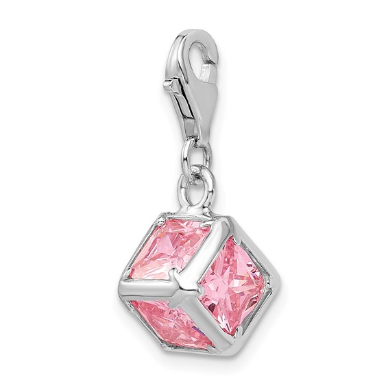 Amore La Vita Sterling Silver Rhodium-plated Polished 3-D Pink CZ Cube Charm with Fancy Lobster Clasp