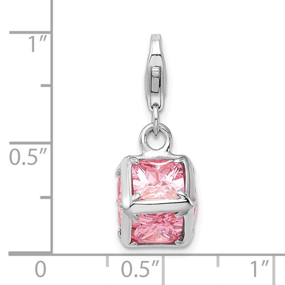 Amore La Vita Sterling Silver Rhodium-plated Polished 3-D Pink CZ Cube Charm with Fancy Lobster Clasp