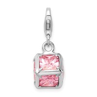 Amore La Vita Sterling Silver Rhodium-plated Polished 3-D Pink CZ Cube Charm with Fancy Lobster Clasp view 1