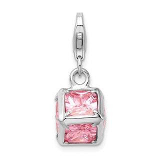 Amore La Vita Sterling Silver Rhodium-plated Polished 3-D Pink CZ Cube Charm with Fancy Lobster Clasp