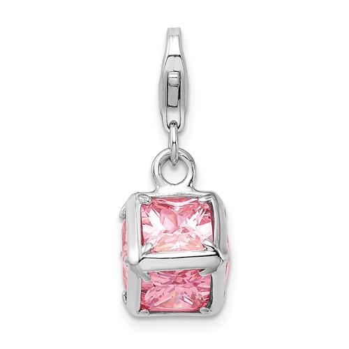 Amore La Vita Sterling Silver Rhodium-plated Polished 3-D Pink CZ Cube Charm with Fancy Lobster Clasp
