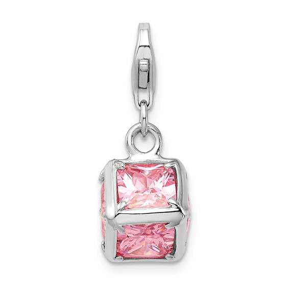 Amore La Vita Sterling Silver Rhodium-plated Polished 3-D Pink CZ Cube Charm with Fancy Lobster Clasp