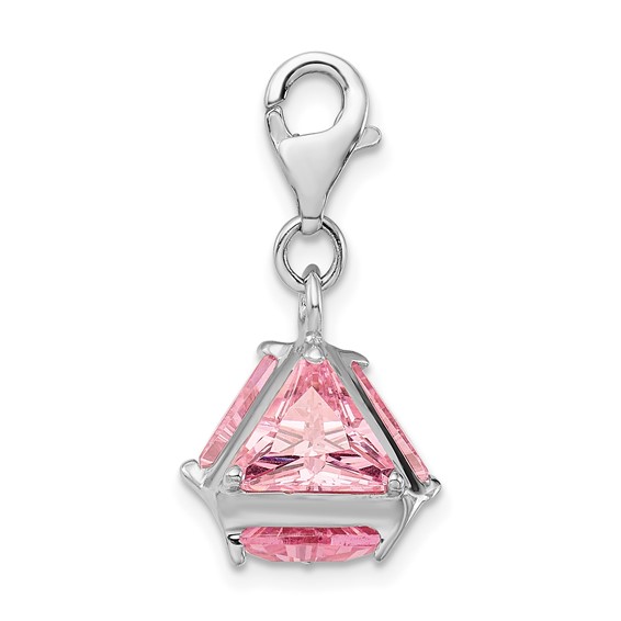 Amore La Vita Sterling Silver Rhodium-plated Polished 3-D Pink CZ Charm with Fancy Lobster Clasp