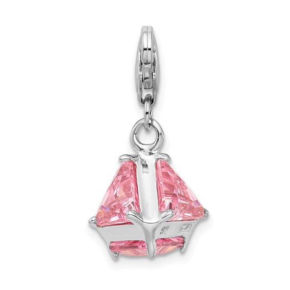 Amore La Vita Sterling Silver Rhodium-plated Polished 3-D Pink CZ Charm with Fancy Lobster Clasp