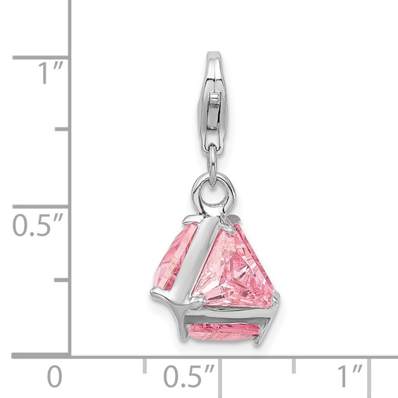 Amore La Vita Sterling Silver Rhodium-plated Polished 3-D Pink CZ Charm with Fancy Lobster Clasp