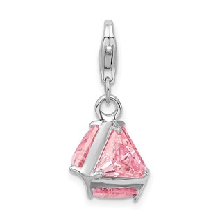 Amore La Vita Sterling Silver Rhodium-plated Polished 3-D Pink CZ Charm with Fancy Lobster Clasp