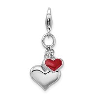 Amore La Vita Sterling Silver Rhodium-plated Polished 3-D Red Enameled Double Heart Charm with Fancy Lobster Clasp view 1