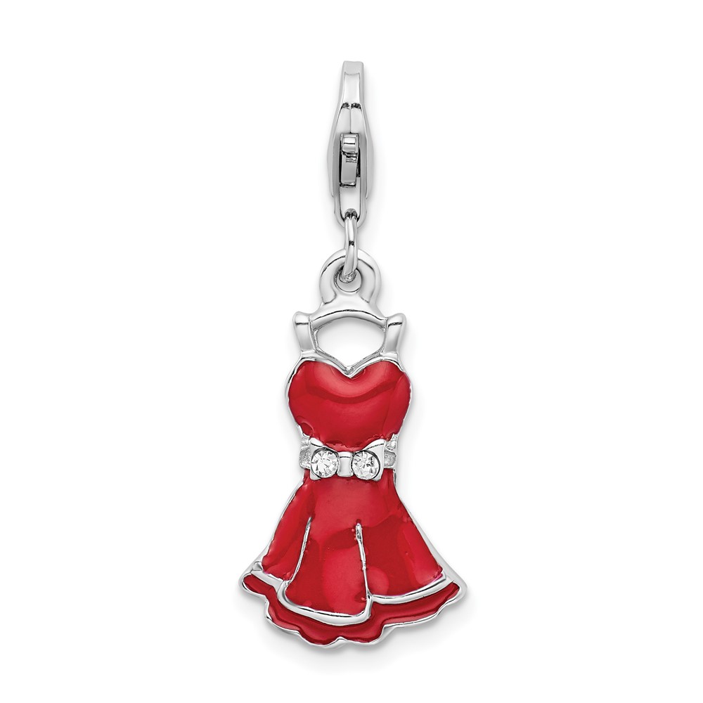 Sterling Silver Rhodium-plated CZ Enameled Dress Charm with Lobster Clasp