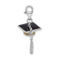 Amore La Vita Sterling Silver Rhodium-plated and Gold-tone Polished 3-D Moveable Enameled Graduation Cap and Tassel Charm with Fancy Lobster Clasp view 2