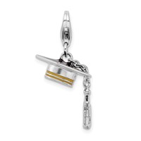 Amore La Vita Sterling Silver Rhodium-plated and Gold-tone Polished 3-D Moveable Enameled Graduation Cap and Tassel Charm with Fancy Lobster Clasp view 1