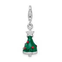 Amore La Vita Sterling Silver Rhodium-plated Polished 3-D Enameled Christmas Tree Charm with Fancy Lobster Clasp view 3