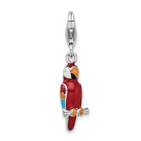 Amore La Vita Sterling Silver Rhodium-plated Polished 3-D Enameled Parrot Charm with Fancy Lobster Clasp view 1