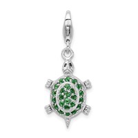 Amore La Vita Sterling Silver Rhodium-plated Polished 3-D CZ Green Turtle Charm with Fancy Lobster Clasp view 1