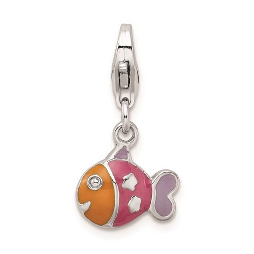 Sterling Silver Rhodium-plated 3-D Enameled Fish Charm with Lobster Clasp