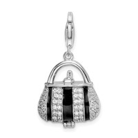 Amore La Vita Sterling Silver Rhodium-plated Polished 3-D Moveable Black Enameled CZ Handbag Charm with Fancy Lobster Clasp view 3