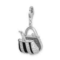 Amore La Vita Sterling Silver Rhodium-plated Polished 3-D Moveable Black Enameled CZ Handbag Charm with Fancy Lobster Clasp view 4