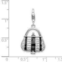 Amore La Vita Sterling Silver Rhodium-plated Polished 3-D Moveable Black Enameled CZ Handbag Charm with Fancy Lobster Clasp view 5