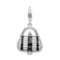 Amore La Vita Sterling Silver Rhodium-plated Polished 3-D Moveable Black Enameled CZ Handbag Charm with Fancy Lobster Clasp view 1