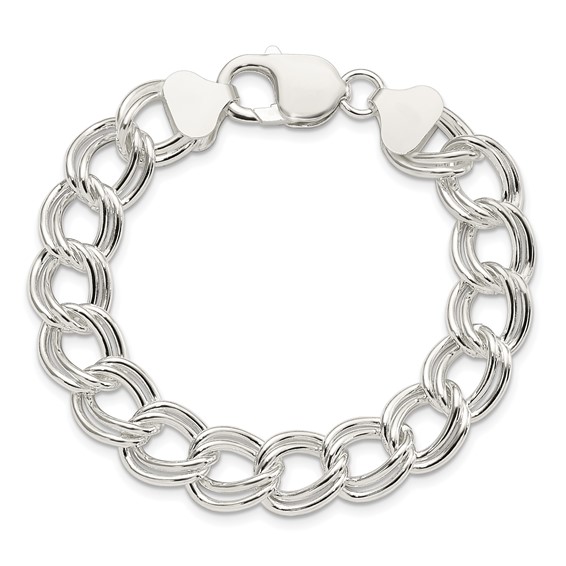 Sterling Silver 11.5mm Solid Double Link Charm Bracelet