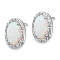 Cheryl M Sterling Silver Rhodium-plated Cabochon Lab Created Opal and Brilliant-cut CZ Oval Halo Post Earrings view 2