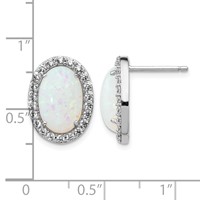 Cheryl M Sterling Silver Rhodium-plated Cabochon Lab Created Opal and Brilliant-cut CZ Oval Halo Post Earrings view 4