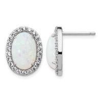 Cheryl M Sterling Silver Rhodium-plated Cabochon Lab Created Opal and Brilliant-cut CZ Oval Halo Post Earrings view 1