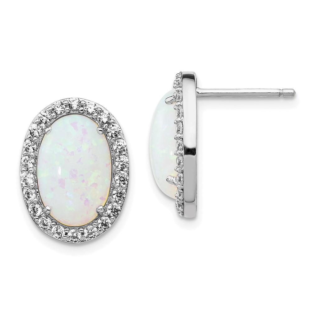 Sterling Silver Cheryl M Rh-p CZ Created Opal Oval Post Earrings
