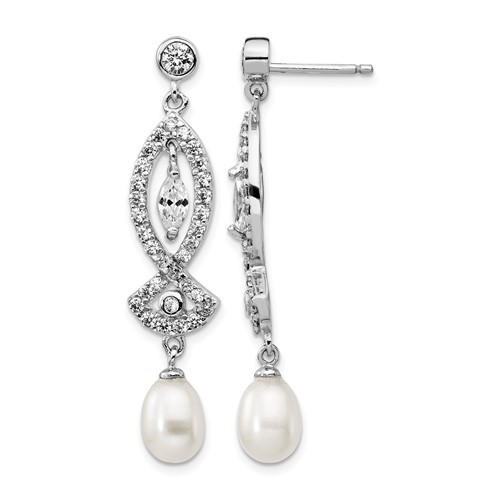 Cheryl M Sterling Silver Rhodium-plated Teardrop Freshwater Cultured Pearl and Marquise-cut Brilliant-cut CZ Post Dangle Earrings