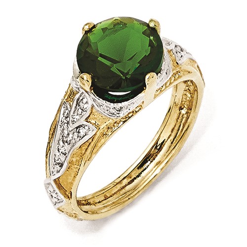 Sterling Silver Gold-Plated Glass Simulated Emerald & CZ Ring