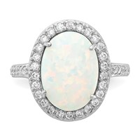 Cheryl M Sterling Silver Rhodium-plated Cabochon Lab Created Opal and Brilliant-cut CZ Oval Halo Ring view 5