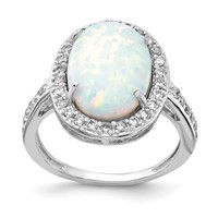 Cheryl M Sterling Silver Rhodium-plated Cabochon Lab Created Opal and Brilliant-cut CZ Oval Halo Ring view 1
