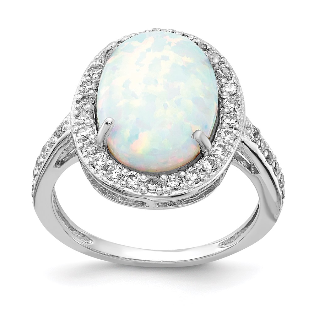 Sterling Silver Cheryl M Rhodium-plated CZ and Created Opal Oval Ring