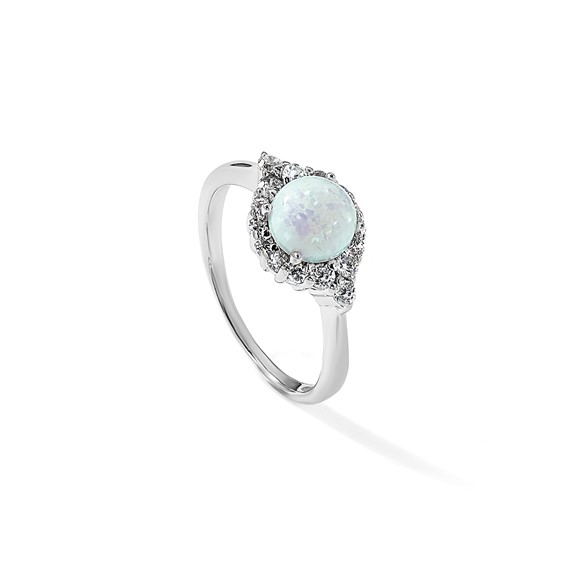 Cheryl M Sterling Silver Rhodium-plated Cabochon Lab Created Opal and Brilliant-cut CZ Ring