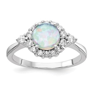 Cheryl M Sterling Silver Rhodium-plated Cabochon Lab Created Opal and Brilliant-cut CZ Ring