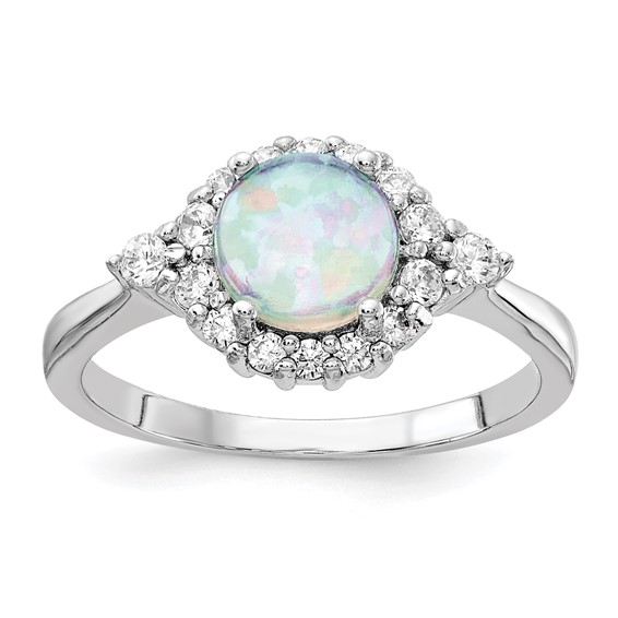 Cheryl M Sterling Silver Rhodium-plated Cabochon Lab Created Opal and Brilliant-cut CZ Ring