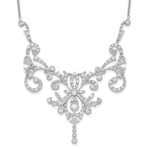 Cheryl M Sterling Silver Rhodium-plated Brilliant-cut CZ Bezel Fancy Scroll Necklace with 2 Inch Extender, 17"
