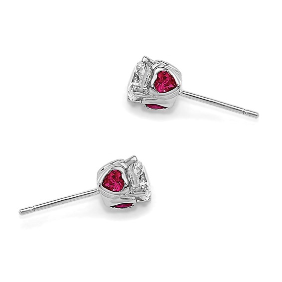 Cheryl M Sterling Silver Rhodium-plated Brilliant-cut Lab Created Ruby and Brilliant-cut White CZ with Heart Sides Stud Post Earrings