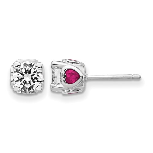 Cheryl M Sterling Silver Rhodium-plated Brilliant-cut Lab Created Ruby and Brilliant-cut White CZ Earrings with Heart Sides Stud Post