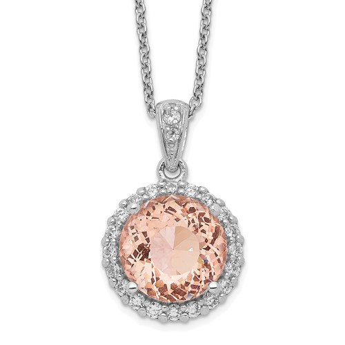 Cheryl M Sterling Silver Rhodium-plated 100 Facet Simulated Morganite and White Brilliant-cut CZ Halo Necklace, 18"