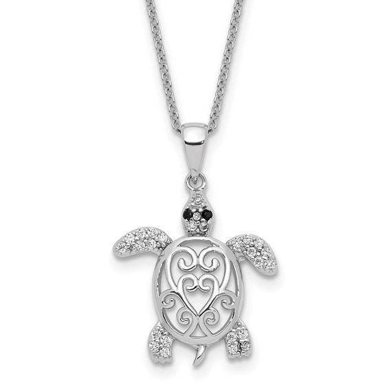 Cheryl M Sterling Silver Rhodium-plated Brilliant-cut Black Glass and Brilliant-cut White CZ Filigree Turtle 18 Inch Necklace