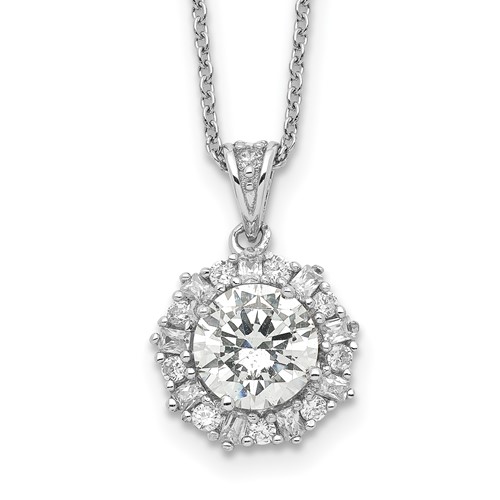 Cheryl M Sterling Silver Rhodium-plated Brilliant-cut and Emerald-cut CZ Halo Necklace, 18"