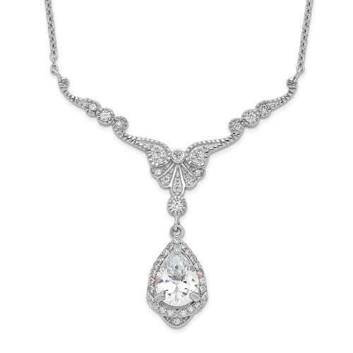 Cheryl M Sterling Silver Rhodium-plated Fancy Brilliant-cut CZ Teardrop Dangle Necklace with 2.25 Inch Extender, 16"