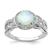 Cheryl M Sterling Silver Rhodium-plated Cabochon Lab Created Opal and Brilliant-cut CZ Woven Pattern Ring view 1