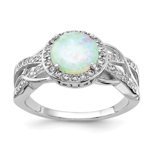 Cheryl M Sterling Silver Rhodium-plated Cabochon Lab Created Opal and Brilliant-cut CZ Woven Pattern Ring