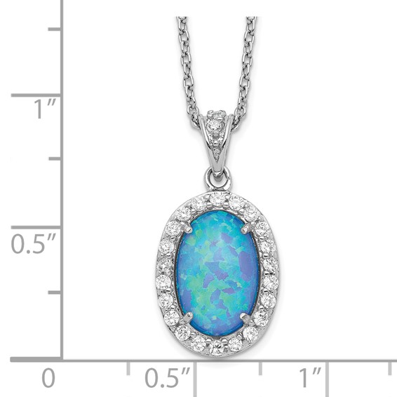 Cheryl M Sterling Silver Rhodium-plated Cabochon Lab Created Blue Opal and Brilliant-cut CZ Oval 18.5 Inch Necklace