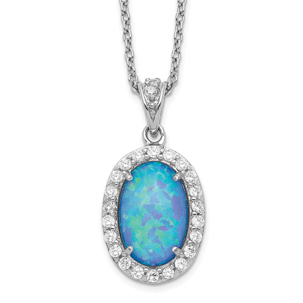 Sterling Silver Cheryl M Rhodium-plated CZ and Created Blue Opal Necklace