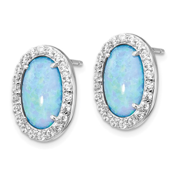 Cheryl M Sterling Silver Rhodium-plated Cabochon Lab Created Blue Opal and Brilliant-cut CZ Oval Post Earrings