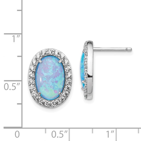Cheryl M Sterling Silver Rhodium-plated Cabochon Lab Created Blue Opal and Brilliant-cut CZ Oval Post Earrings