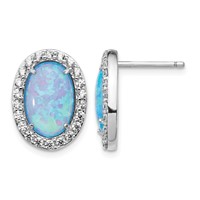 Cheryl M Sterling Silver Rhodium-plated Cabochon Lab Created Blue Opal and Brilliant-cut CZ Oval Post Earrings view 1